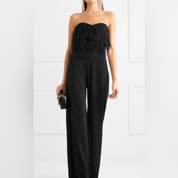 Saloni jumpsuit black size 2 Aurelie feather trimmed cady strapless fairy core